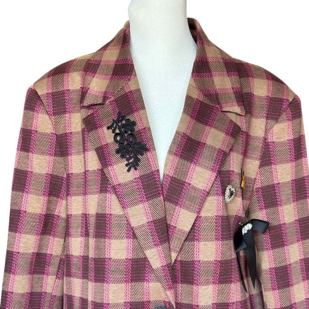 Anthropologie Avec Les Filles‎ Plaid Pin Blazer Pink/Brown Blazer Sz XL - Picture 4 of 14